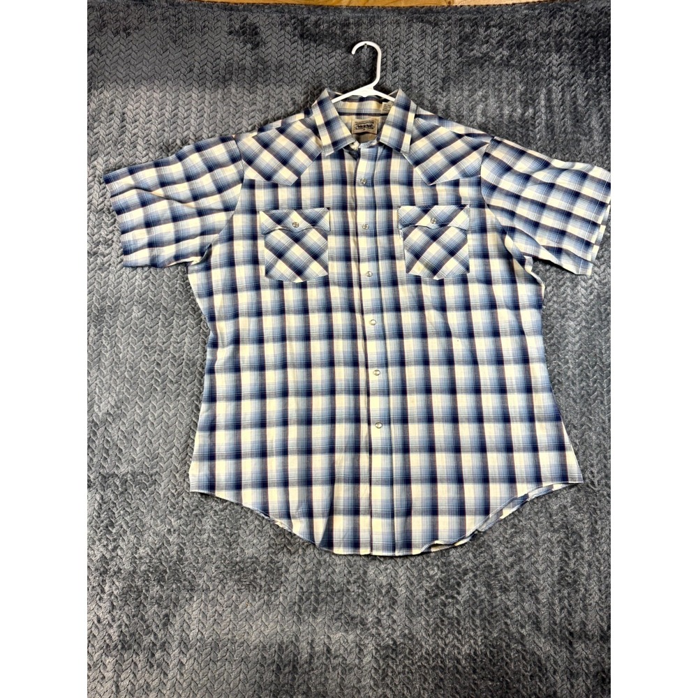 Vintage‎ Levis Western Shirt Mens XL Blue White Plaid Cotton Cowboy Pearl Snap